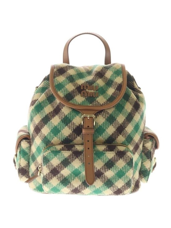 Miu Miu Plaid and Leather Backpack Tartan Check Wool Green Beige main image 8